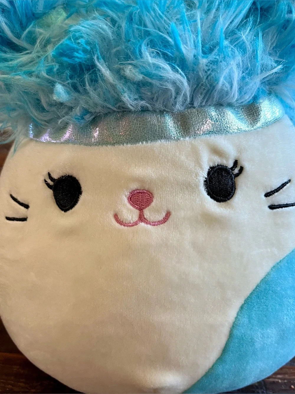 KellyToy Squishmellow Cora Calico Cat Squish-Doos Blue /White Fluffy Ears 10”NWT